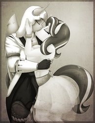 Size: 2480x3196 | Tagged: safe, alternate version, artist:tatemil, starlight glimmer, oc, oc:carlos, oc:lightning burn, pegasus, unicorn, anthro, g4, assassin's creed, black and white, canon x oc, clothes, dress, grayscale, high res, kissing, monochrome, outfit, starlightning, starlos