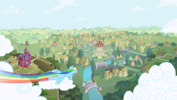 Size: 1280x720 | Tagged: safe, screencap, rainbow dash, pegasus, pony, g4, cloud, cloudy, female, mare, opening, ponyville, solo, theme song