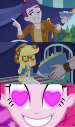 Size: 1280x2168 | Tagged: safe, artist:themexicanpunisher, edit, screencap, applejack, dirk thistleweed, pinkie pie, accountibilibuddies, coinky-dink world, eqg summertime shorts, equestria girls, equestria girls series, g4, spoiler:eqg series (season 2), accountibilibuddies: rainbow dash, appledirk, female, heart, heart eyes, male, meme, pinkie the shipper, pinkie's eyes, shipping, shipping domino, straight, wingding eyes