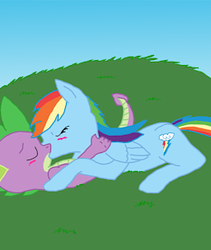 Size: 256x304 | Tagged: artist needed, source needed, safe, rainbow dash, spike, dragon, pegasus, pony, g4, blushing, eyes closed, female, interspecies, kiss on the lips, kissing, lying down, male, mare, ship:rainbowspike, shipping, straight