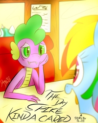 Size: 819x1024 | Tagged: safe, artist:thedoctordisco, rainbow dash, spike, dragon, pegasus, pony, g4, booth, date, dating, eyes closed, fanfic art, female, looking at each other, male, mare, paper, restaurant, ship:rainbowspike, shipping, signature, straight, word art