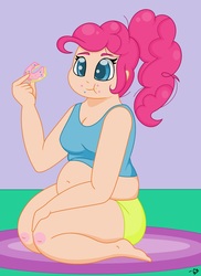 Size: 1548x2124 | Tagged: safe, artist:gblacksnow, pinkie pie, human, g4, bbw, belly, belly button, chubby, chubby cheeks, donut, eating, fat, female, food, humanized, kneeling, pudgy pie, solo