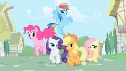 Size: 1280x720 | Tagged: safe, screencap, applejack, fluttershy, pinkie pie, rainbow dash, rarity, earth pony, pegasus, pony, unicorn, g4, applejack's hat, cloud, cowboy hat, crossed hooves, eyeshadow, female, flying, folded wings, freckles, group, hat, horn, house, lidded eyes, looking at you, makeup, mare, open mouth, open smile, opening, opening theme, outdoors, ponyville, raised hoof, remane five, smiling, smiling at you, spread wings, tail, theme song, tree, wings