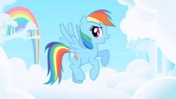 Size: 1280x720 | Tagged: safe, screencap, rainbow dash, pegasus, pony, g4, cloud, cloudy, female, mare, opening, rainbow, solo, theme song