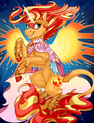 Size: 1700x2200 | Tagged: safe, artist:cuttledreams, sunset shimmer, pony, equestria girls, g4, art trade, cloven hooves, daydream shimmer, equestria girls ponified, female, fiery wings, leonine tail, ponified, rearing, smiling, solo, wings