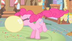 Size: 1280x720 | Tagged: safe, screencap, pinkie pie, earth pony, pony, g4, balloon, blowing up balloons, eyes closed, female, mare, opening, solo, theme song