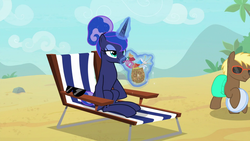 Size: 1920x1080 | Tagged: safe, screencap, coco crusoe, princess luna, pony, between dark and dawn, g4, season 9, alternate hairstyle, beach, clothes, female, food, herbivore, magic, male, mare, missing accessory, pineapple, shorts, stallion, sunglasses, we don't normally wear clothes