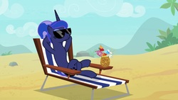 Size: 1920x1080 | Tagged: safe, screencap, princess luna, alicorn, pony, between dark and dawn, g4, alternate hairstyle, bare hooves, beach, beach chair, chair, crossed legs, drink, eyelashes, eyes closed, eyeshadow, female, hair bun, hooves behind head, makeup, mare, reclining, relaxing, smiling, solo, sunglasses, tail bun, we don't normally wear clothes