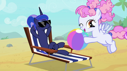 Size: 1920x1080 | Tagged: safe, screencap, cotton puff, princess luna, alicorn, pegasus, pony, between dark and dawn, g4, alternate hairstyle, background pony, beach, beach ball, beach chair, blank flank, chair, crossed hooves, crossed legs, cute, day, female, filly, flapping, flying, hair bun, having fun, hooves behind head, looking at someone, reclining, relaxing, smiling, spread wings, sunglasses, tropical, vacation, we don't normally wear clothes