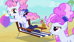 Size: 1920x1080 | Tagged: safe, screencap, cotton puff, cotton sky, princess luna, pony, between dark and dawn, g4, background pony, beach, beach ball, female, food, one eye closed, pineapple, siblings, sisters, wink