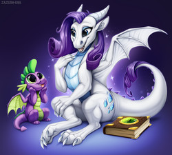 Size: 1920x1728 | Tagged: dead source, safe, artist:hattiezazu, rarity, spike, dragon, g4, blue background, book, dragoness, dragonified, duo, female, implied transformation, male, raridragon, simple background, species swap, winged spike, wings