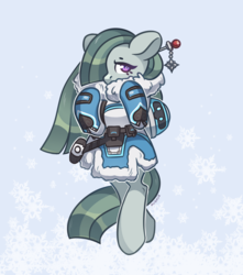 Size: 1500x1700 | Tagged: safe, artist:avonir, marble pie, earth pony, pony, g4, bipedal, clothes, cosplay, costume, crossover, cute, female, hair over one eye, looking at you, marblebetes, mei, overwatch, shy, snow, snowflake, solo