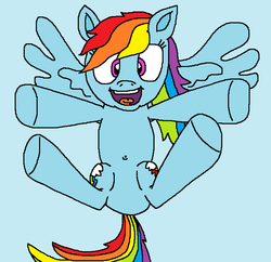 Size: 735x711 | Tagged: safe, artist:logan jones, rainbow dash, pegasus, pony, g4, bad anatomy, belly button, both cutie marks, cute, dashabetes, featureless crotch, female, flying, happy, hooves out, open mouth, sky, smiling