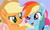 Size: 872x526 | Tagged: safe, screencap, applejack, fluttershy, pinkie pie, rainbow dash, earth pony, pegasus, pony, g4, rainbow roadtrip, applejack's hat, cowboy hat, female, freckles, hat, looking at each other, mare, needs more jpeg, wings