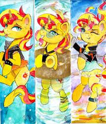 Size: 1024x1194 | Tagged: safe, artist:lailyren, sunset shimmer, pony, unicorn, g4, bookmark, clothes, cute, equestria girls outfit, female, inner tube, jacket, kucykon, leather jacket, looking at you, mare, one eye closed, shimmerbetes, smiling, sunglasses, swimsuit, tongue out, traditional art, vest, watercolor painting