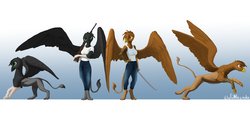 Size: 4096x1911 | Tagged: safe, artist:thelittlesnake, oc, oc only, griffon, anthro, armpits, barely pony related, clothes, duo, gun, jeans, katana, looking at you, pants, sword, weapon, wings