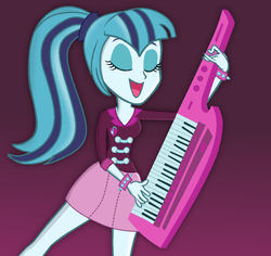 Size: 1029x972 | Tagged: safe, artist:grapefruitface1, artist:inside-our-mind, sonata dusk, equestria girls, g4, base used, bracelet, clothes, eyes closed, female, gradient background, happy, jewelry, keyboard, keytar, miniskirt, missing accessory, musical instrument, ponytail, show accurate, skirt, solo