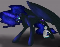 Size: 1280x1001 | Tagged: safe, artist:backlash91, artist:sophiewarrioroflight, nightmare moon, oc, alicorn, bat pony, hybrid, pony, g4, alicorn oc, concave belly, crying, large wings, magic, partially open wings, protecting, wings, younger