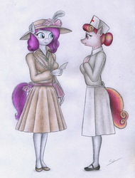 Size: 2379x3126 | Tagged: safe, artist:sinaherib, oc, oc only, oc:amber earring, unicorn, anthro, plantigrade anthro, cheque, clothes, female, hat, high res, mare, nurse, offspring, parent:fancypants, parent:rarity, parents:raripants, traditional art