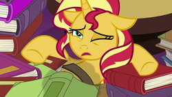 Size: 1920x1080 | Tagged: safe, screencap, sunset shimmer, pony, unicorn, equestria girls, equestria girls specials, g4, my little pony equestria girls: mirror magic, book, female, floppy ears, hooves, one eye closed, twilight's castle