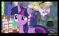 Size: 640x386 | Tagged: safe, edit, edited screencap, editor:teren rogriss, screencap, princess flurry heart, twilight sparkle, alicorn, pony, best gift ever, g4, alcohol, baby, baby pony, bottle, cauldron, female, filly, flying, foal, food, glowing horn, hooves, horn, kitchen, lemon, levitation, magic, mare, spread wings, stolichnaya, telekinesis, twilight sparkle (alicorn), twilight's castle, vodka, wings