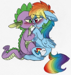 Size: 715x755 | Tagged: safe, artist:xenon, rainbow dash, spike, dragon, pegasus, pony, g4, blushing, cute, daaaaaaaaaaaw, female, hug, looking at each other, male, mare, ship:rainbowspike, shipping, simple background, spikelove, straight, white background