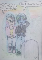 Size: 1124x1590 | Tagged: safe, artist:pabrony83, princess amore, oc, oc:azure glide, ghost, equestria girls, g4, beanie, crying, feels, flower, gravestone, graveyard, hat, spirit, traditional art