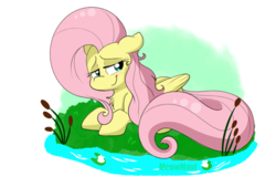 Size: 2039x1378 | Tagged: safe, artist:meowmavi, fluttershy, pegasus, pony, g4, blushing, cattails, chest fluff, cute, female, lidded eyes, lilypad, mare, pond, prone, reeds, shyabetes, solo