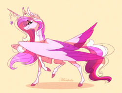 Size: 2597x1987 | Tagged: safe, artist:marbola, princess cadance, alicorn, pony, g4, colored wings, female, horn, horn jewelry, jewelry, large wings, mare, multicolored wings, raised hoof, raised hooves, simple background, smiling, solo, wings