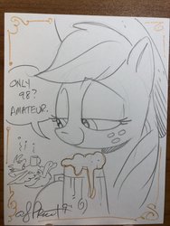 Size: 1536x2048 | Tagged: safe, artist:andypriceart, applejack, rainbow dash, earth pony, pony, g4, drunk, female, lidded eyes, lying down, mare, partial color, signature, solo, speech bubble, spread wings, traditional art, wings, x eyes