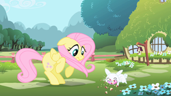 Size: 1280x720 | Tagged: safe, screencap, angel bunny, fluttershy, pegasus, pony, rabbit, g4, animal, apple, bird house, eating, eyes closed, fence, flower, food, herbivore, opening, theme song, tree