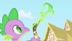 Size: 1280x720 | Tagged: safe, screencap, spike, dragon, g4, baby, baby dragon, cloud, dragon mail, fire, fire breath, green fire, letter, male, opening, ponyville, sky, solo, theme song