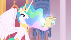Size: 1280x720 | Tagged: safe, screencap, princess celestia, alicorn, pony, g4, canterlot castle, crown, ethereal mane, female, flowing mane, jewelry, letter, lidded eyes, mare, open mouth, opening, proud, regalia, sitting, smiling, solo, spread wings, theme song, throne, throne room, wings