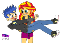 Size: 1280x910 | Tagged: safe, artist:stella-exquisa, flash sentry, sunset shimmer, equestria girls, equestria girls series, g4, clothes, converse, female, hoodie, male, pants, ship:flashimmer, shipping, shoes, sneakers, straight