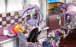 Size: 1920x1200 | Tagged: safe, artist:brainiac, oc, oc:ginger ale, oc:whiskey lullaby, cat pony, elephant, original species, pony, apron, blushing, bottomless, bowl, cereal box, chest fluff, clothes, collar, cook book, cute, fallout, female, housewife, kitchen, lined paper, looking up, mare, milk, mister handy, mother and daughter, parent:oc:knick knack, parent:oc:whiskey lullaby, parents:kniskey, partial nudity, plushie, pony pet, shirt, smiling, spoon, wholesome