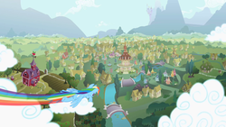 Size: 1280x720 | Tagged: safe, screencap, rainbow dash, pegasus, pony, g4, cloud, cloudy, opening, ponyville, theme song