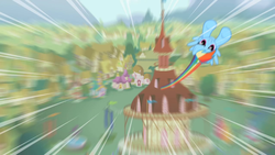 Size: 1280x720 | Tagged: safe, screencap, rainbow dash, pegasus, pony, g4, motion blur, motion lines, opening, ponyville, theme song