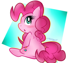 Size: 700x600 | Tagged: safe, artist:tamabel, pinkie pie, earth pony, pony, g4, :o, abstract background, blushing, cute, diapinkes, female, looking back, open mouth, pixiv, profile, rear view, sitting, solo