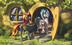 Size: 2400x1500 | Tagged: safe, artist:kirillk, oc, oc only, bat pony, pony, basket, bat pony oc, commission, duo, female, fruit, home, house, looking at each other, mare, patreon, scenery, slit pupils, smiling, unshorn fetlocks