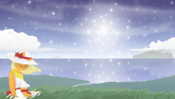 Size: 1920x1080 | Tagged: safe, artist:eagle1division, oc, oc only, alicorn, pony, a world apart, fanfic:tapestry: a world apart, alicorn oc, bow, clothes, dress, eyes closed, female, grass, grass field, hat, mare, ribbon, scenery, scenery porn, solo, starry night, sundress, windswept mane