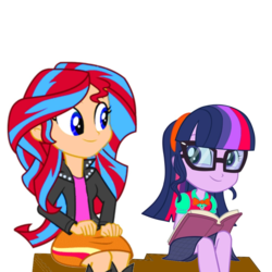 Size: 1024x1024 | Tagged: safe, artist:tocinoshimmer, edit, oc, oc:sciset sparkle, oc:sunlight shimmer, equestria girls, g4, spoiler:mcbfandom, boots, clothes, cute, female, glasses, hairband, mcbfandom, recolor, shoes, siblings, sisters, skirt, sunset shimmer's clothes