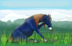 Size: 4900x3200 | Tagged: safe, artist:chepe, oc, oc only, oc:spec steele, horse, pony, draft horse, glasses, grass, male, mountain, palindrome get, scenery, solo, stallion