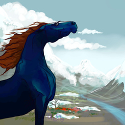 Size: 2000x2000 | Tagged: safe, artist:chepe, oc, oc only, oc:spec steele, horse, pony, draft horse, glasses, high res, mountain, scenery, snow, solo