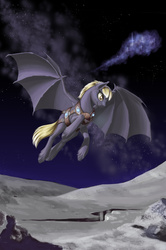 Size: 2646x3992 | Tagged: safe, artist:kirillk, oc, oc only, bat pony, pony, fanfic:music for the mare on the moon, bat pony oc, fanfic art, flying, high res, moon, solo, spread wings, unshorn fetlocks, wings