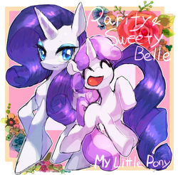 Size: 536x527 | Tagged: safe, artist:miga, rarity, sweetie belle, pony, unicorn, g4, abstract background, blank flank, cute, duo, eyes closed, female, filly, flower, misspelling, open mouth, pixiv, rose, siblings, sisters