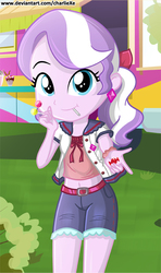 Size: 457x773 | Tagged: safe, artist:charliexe, diamond tiara, equestria girls, g4, beautiful, belly button, belt, bush, candy, clothes, cute, denim shorts, diamondbetes, ear piercing, earring, female, food, grass, ice cream, jewelry, lollipop, looking at you, midriff, outdoors, piercing, short shirt, shorts, smiling, solo, sweets, teenager