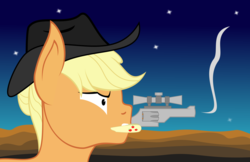 Size: 3000x1943 | Tagged: safe, artist:alltimemine, applejack, earth pony, pony, fallout equestria, g4, bust, cowboy hat, desert, fanfic, fanfic art, female, gun, handgun, hat, inkscape, little macintosh, mare, ministry mares, mouth hold, night, night sky, optical sight, portrait, revolver, scope, sky, smoke, solo, stars, vector, weapon