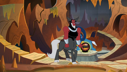 Size: 1280x720 | Tagged: safe, screencap, grogar, lord tirek, centaur, sheep, frenemies (episode), g4, clenched fist, cloven hooves, colored hooves, crystal ball, duo, frustrated, grogar's orb, male, nose piercing, nose ring, piercing, ram, septum piercing