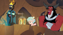 Size: 1280x720 | Tagged: safe, screencap, cozy glow, lord tirek, queen chrysalis, centaur, changeling, changeling queen, pony, frenemies (episode), g4, cozy glow is not amused, crossed arms, female, filly, foal, lantern, male, nose piercing, nose ring, piercing, septum piercing, trio