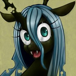 Size: 800x800 | Tagged: safe, artist:oku13, queen chrysalis, changeling, changeling queen, g4, bust, fangs, female, green background, open mouth, pixiv, portrait, simple background, solo, surprised